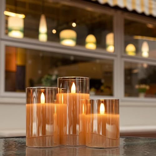 Image of Glass Flameless Candles LED Battery Operated Candles with Remote Set of 3 | Real Wax Glow Flickering LED Flame 2 /4 /6 /8H Timer Safe Home Lighting for Weddings, Parties & Holiday Decor