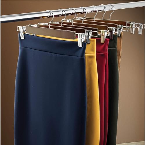 Image of Wooden Hangers for Clothes Hanging | 360 Swivel Hook with 2-Adjustable Clip Hangers for Pants, Skirts, Sarees | Wooden Trousers Bottom Hangers for Wardrobe (40, Walnut)