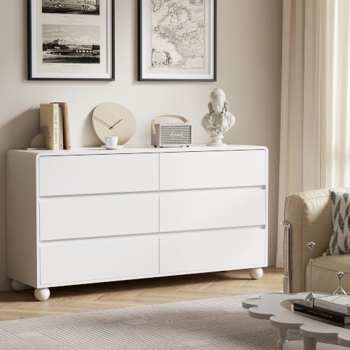 Image of Furniway Modern 6 Drawer Dresser for Bedroom, White Dresser with Curved Profile Design, Minimalist Wood Chest of Drawers for Bedroom, Living Room, Hallway Entryway
