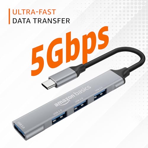 Image of Amazon Basics 4-in-1 USB C Hub, Type C Multiport with 1 x USB 3.0 & 3 x USB 2.0 Ports, up to 5 Gbps High Speed Data Transfer for Laptop, MacBook, PC (Grey)