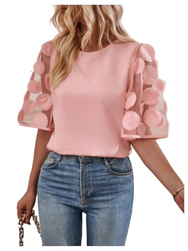 Floerns Women's Round Neck Half Sleeve Contrast Mesh Appliques Puff Sleeve Blouse Top Pink Medium