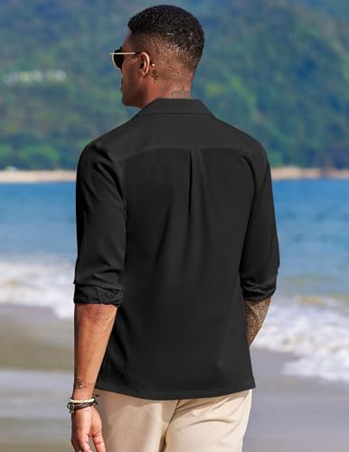 Image of DEELMO Mens Casual Button Down Shirt Summer Beach Shirts Long Sleeve Cuban Collared Tropical Textured Shirts