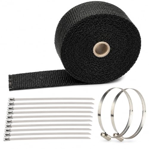 2 x 50 Titanium Exhaust Heat Wrap for Motorcycle Car Fiberglass Exhaust Header Wrap Tape with Stainless Steel Locking Ties and Duct Clamps (Black)