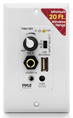 Pyle Wireless BT Receiver Wall Mount - 100W In-Wall Audio Control Receiver w/ Built-in Amplifier, USB/Microphone/Aux (3.5mm) Inputs, Speaker Terminal Block, Connect 2 Speakers, White - PWA15BT
