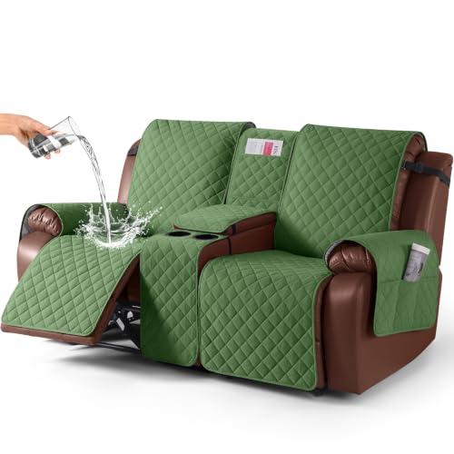 Image of KinCam 100% Waterproof Recliner Loveseat Cover with Console, Non-Slip Reclining Couch Covers for 2 Seat, Recliner Sofa Cover Furniture Protector with Elastic Straps for Kids, Pets, Vine Green