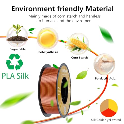 Image of Kingroon PLA 3D Printer Filament, Triple Color Silk PLA Filament, Dimensional Accuracy + /- 0.03 mm, 1 kg Spool(2.2lbs), 1.75 mm, Golden-Yellow-Red