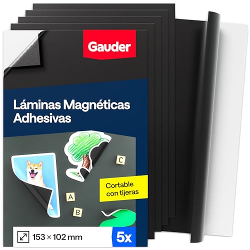 GAUDER Lámina Magnética Autoadhesiva - Hoja Imantada para Fotos, Manualidades y Carteles - Película Magnética Adhesiva para Hogar, Escuela y Oficina (5 Unidades - 153 x 102 mm)