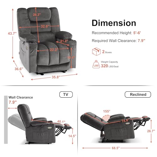 MCombo Zero Gravity Electric Recliner Armchair, Power Reclining Chairs with Massage & Heat, Extended Footrest, USB Ports, Cup Holders for Living Room 6079 (Grey, Medium)