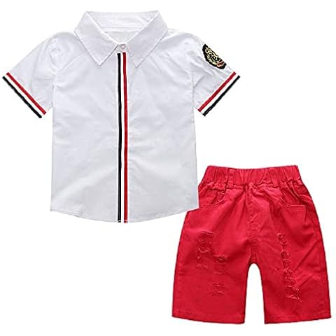 ZFTTZYMX Little Boys Short Sleeve Outfits Set 2PCS Button Down Shirt + Red Ripped Shorts Kids Summer Clothes, Color 01, 18-24 Months Cover