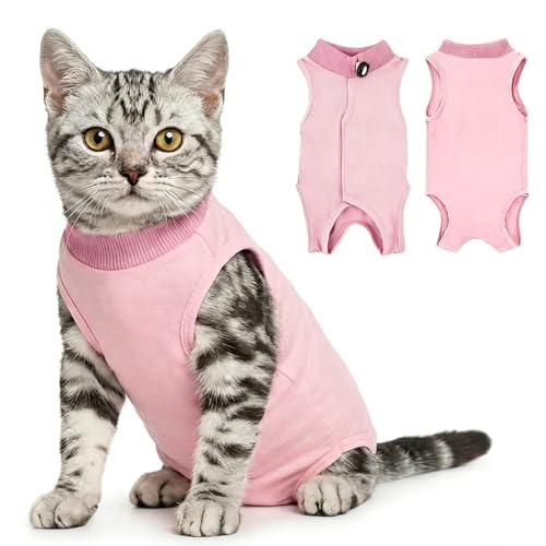 NJCXOLA Body Post Operatorio Gatto, Tutina Gatto Post Operatoria, Body Gatto Post Sterilizzazione, traspirante anti-leccamento, per ferite addominali o malattie della pelle(Rosa, S)