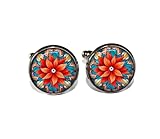 Christmas Theme Poinsettia - Handmade ROUND Glass Metal Cuff LInks Cufflinks Gift for Him Dad (Gunmetal Black)