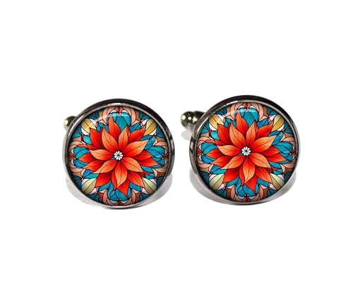 Christmas Theme Poinsettia - Handmade ROUND Glass Metal Cuff LInks Cufflinks Gift for Him Dad (Gunmetal Black)