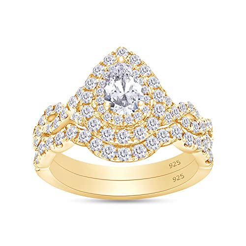 SAVEARTH DIAMONDS 1 1/2 Carat Pear & Round Cut Lab Created Moissanite Diamond Infinity Double Halo Bridal Set Rings For Women In 14K Gold Over Sterling Silver (VVS1 Clarity 1.50Cttw)
