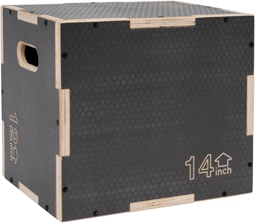 Signature Fitness 16 x 14 x 12 Non-Slip Wooden Plyo Box Jump Exercise Platform Plyometric Workout Equipment for Home Gym Training Step Box Gray
