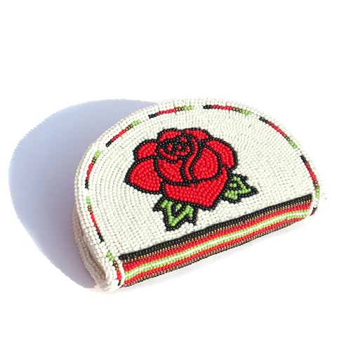 Beaded Coin Purse Change Purse For Women Zippered Change Pouch Wallet Small Leather Pouch designer key pouch (White Rose)