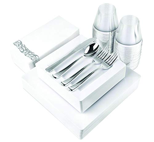 White Square Plastic Dinnerware (200-Piece) Plastic Plates, Plastic Cutlery, Plastic Cups and Guest