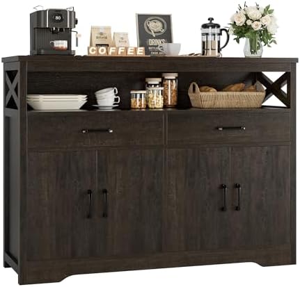 HOSTACK 47" Modern Farmhouse Sideboard Buffet Cabinet, Wood Buffet Storage Cabinet with Drawers & Shelves, Large Coffee Bar Cabinet with Storage, Microwave Stand for Kitchen, Living Room, Dark Brown