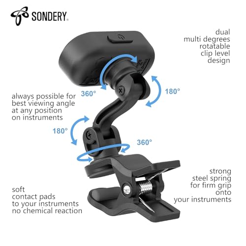 sondery guitar ukulele tuner clip on rechargeable easy to read simple tft screen extremely fast and accurate tuning headstock chromatic tuner pitch 410-460hz perfect for any lighting