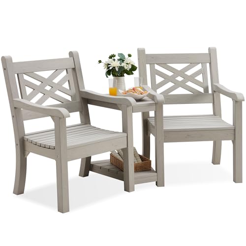 Image of Psilvam 2-Person Poly Lumber Conversation Bench with Middle Side Table,Gray