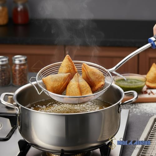 Image of Stainless Steel Jhara for Frying Big Size | Deep Fry Mesh Skimmer Spoon for Frying | Wire Skimmer, Puri Strainer, Cooking Oil Strainer for Kitchen, Durable Long Blue Handle - 16CM, Pack of 4