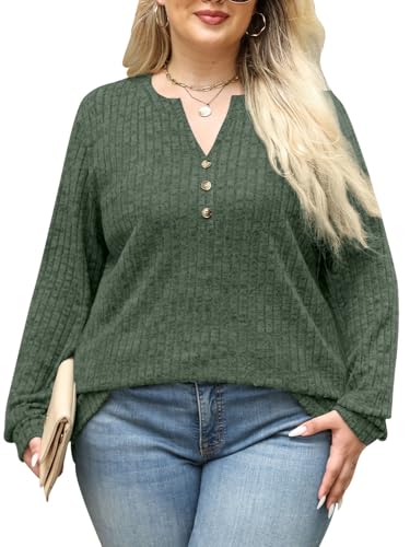 Plus Size Tops for Women Long Sleeve V Neck Button Down Shirts Casual Loose Tunic Sweaters Fall Winter Outfits L-4XL2