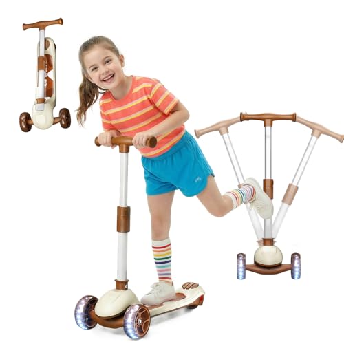 Image of YING LU 3 Wheel Scooter for Kids Ages 3-8, Kids Kick Scooter with LED Light-Up Wheels & Adjustable Handlebar, Toddler Scooter with Rear Brake (Brown /Red)