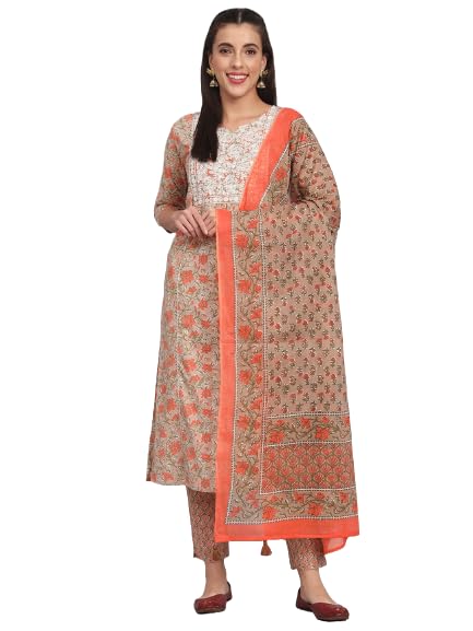 Image of Rapsodia Womens Cotton Jaipuri Printed & Embroidered Kurta with Dupatta and Pant Set