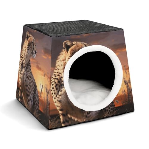 Cat Cave Foldable Cat Hideaway Cheetah Looking with Sunset Indoor Cat Cube with Washable Cushioned Pillow and Slip-Resistant Bottom