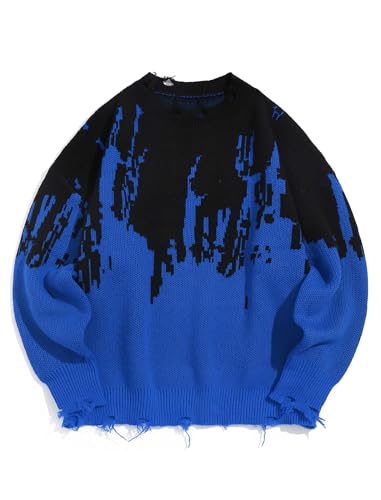 ZAFUL Frayed Hem Flame Sweater for Men Trendy Ripped Halloween Pullover Sweaters Raglan Sleeve Y2K Street Knitwear
