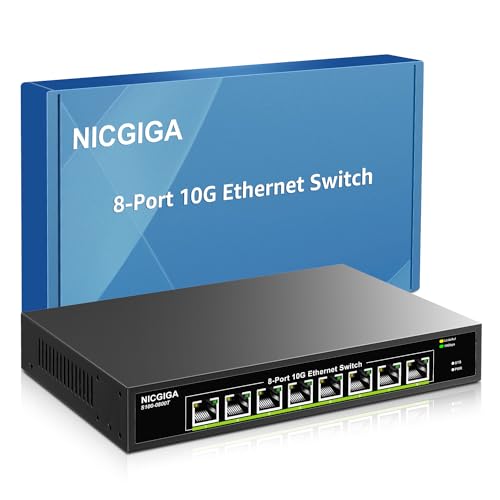 NICGIGA 8 Port 10G Ethernet Switch, 8x 10Gb Base-T Ports, Unmanaged, RJ45, Black Metal Case, Compatible with Desktops, Gaming Consoles, Routers, Printers, Laptops