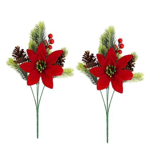 2 plantas artificiales para decoración de Navidad, ramas de pino falsas con flores rojas, hojas de fiesta de plástico para el hogar, plantas de árbol F2y1 Navidad