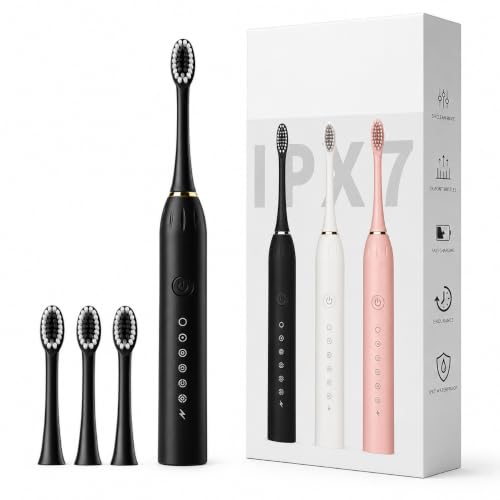 Image of X-3 Sonic Electric Toothbrush, IPX7 Waterproof, Powerful Rechargeable with Replaceable Heads, 6 Cleaning Modes, Advanced Gum Care & Plaque Removal - Black, kid, Youth, Adults, 1 Count