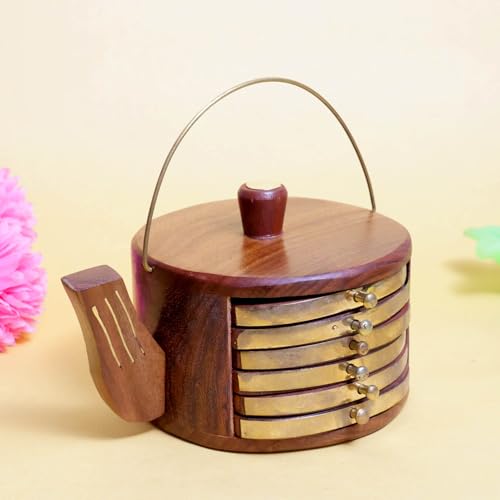 Image of Saras Aajeevika 6 Pc Set of Handmade Wooden Round Curved Coaster /Coster with Brass Kettle Shape Holder for Kitchen Decor Hot Pots, Tea Cups, Coffee Mugs, Glasses Coaster Sets (Design 1)