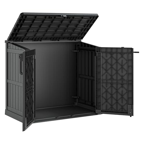 LHBcraft Outdoor Storage Cabinet 36 Cu Ft with Lockable Doors Portable Horizontal Resin Storage Shed - Easy to Assemble Waterproof Small Storage Shed with Floor Black