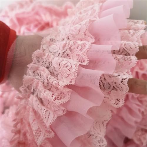 HIQIU 100CM Spitzenborte Rosa Chiffon rüschenband Spitze Trim 3 Schicht Plissiert spitzenband DIY Nähen kleid Kleidungsborte Trim Dekor 3.94''Breite