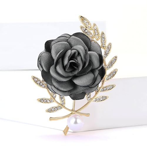 Image of Rose Brooch for Women,Dainty Satin Fabric Flower Lapel Pins Vintage Elegant Pearl Brooches Handmade Crystal Pearl Pins Silk Camellia Safety Collar Pin Dress Suit Accessories Wedding Bridal Bouquet Jewelry (Gray1)