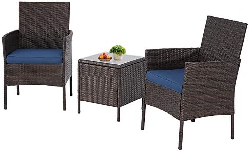 Crownland Patio Furniture 3 Piece Outdoor Bistro Table Set Wicker Chair for Backyard Porch Lawn Garden Balcony with Cushions and Glass Coffee Table All-Weather Patio Chairs(Brown/Navy)