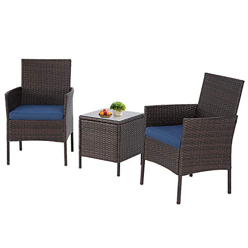 Crownland Patio Furniture 3 Piece Outdoor Bistro Table Set Wicker Chair For Backyard Porch Lawn Garden Balcony With Cushions And Glass Coffee Table All-Weather Patio Chairs(Brown/Navy) #TOP2