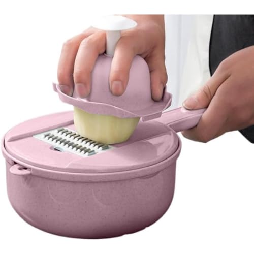 Wyazzivキッチンの多機能カット神器ジャガイモの千切り器家庭用かすりおろし1セット9種類の用途スライサー野菜のキッチンツール水切り器卵黄食材セットスライサーミルサラダ滑り止め付き安全スタンド (pink,12点セットです)