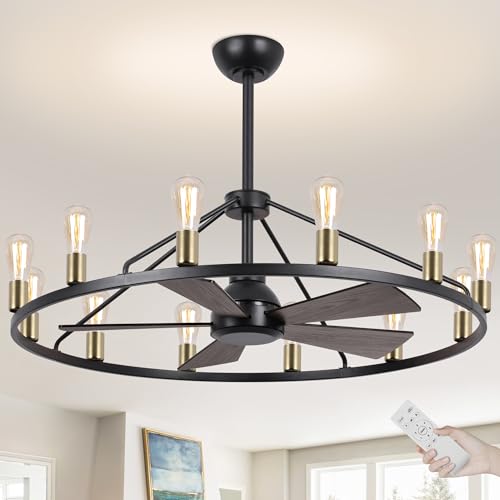 OSGNER 44'' Ceiling Fan with Light, Black Gold Wagon Wheel