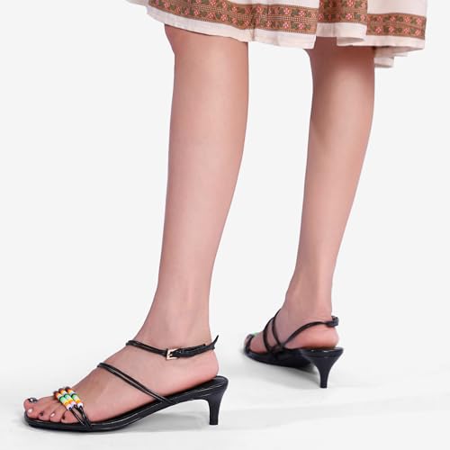 Kitten Heel Sandals for Women Ankle Strap Strappy Beaded Peral Mid Heel Round Open Toe Casual Vacation Beach Daily Shoes4
