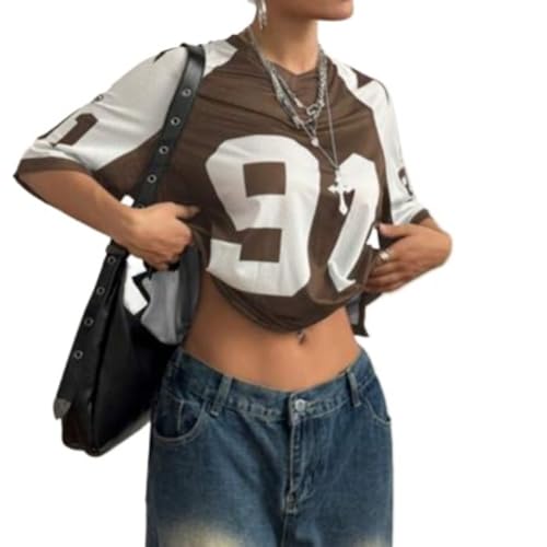 Mesh Sport Tee Oversized V Neck Number Print Top Short Sleeve Lightweight Loose Fit Activewear