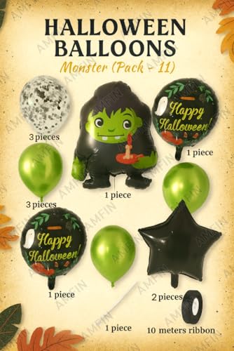 Image of AMFIN (Pack of 11) Halloween Balloon Decoration Set - Green Monster Foil Balloon with 2 inchHappy Halloween inch Round Balloons & 2 Black Star Balloons - Spooky Party Supplies for Kids & Adults