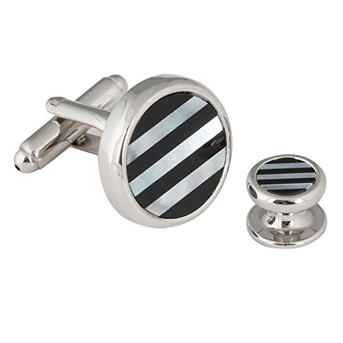 Mens Striped Onyx Mother of Pearl Tuxedo Cufflinks Studs (THAT DON'T SPIN) with Presentation Box2