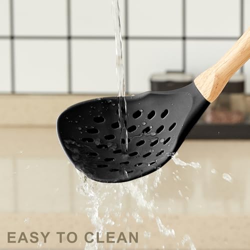Gaixvny Kitchen Utensils Set - 34 PCS Non-Stick Silicone Cooking Utensils Set Spatula Set with Holder, Wooden Handle Spoon,Brush,Whisk Kitchen Gadgets Tools Set for Nonstick Cookware (Black-34P) by Gaixvny - Image 4