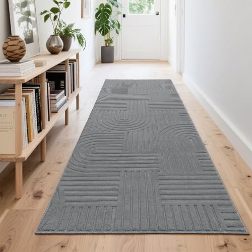 Enyhom Grau Läufer Teppich 80x240 cm, Küchenläufer rutschfest Waschbarer Teppichläufer Flur Modern Flurteppich für Eingang Schlafzimmer Wohnzimmer