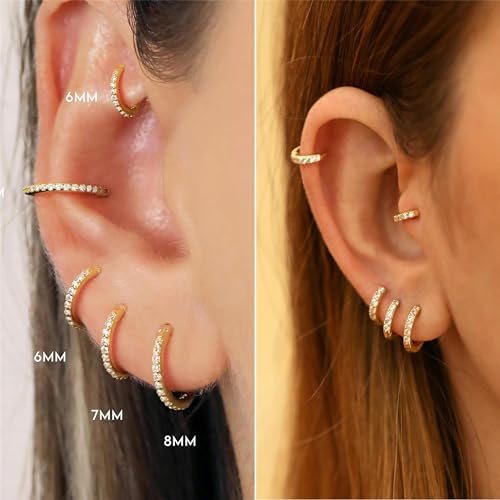 Image of Hypoallergenic Unisex Surgical Steel Small Cubic Zirconia Huggie Hoop Earring, Color Gold - Silver - Rose Gold - Black - Rainbow, Size 6mm- 12mm Safe for Sensitive Ear