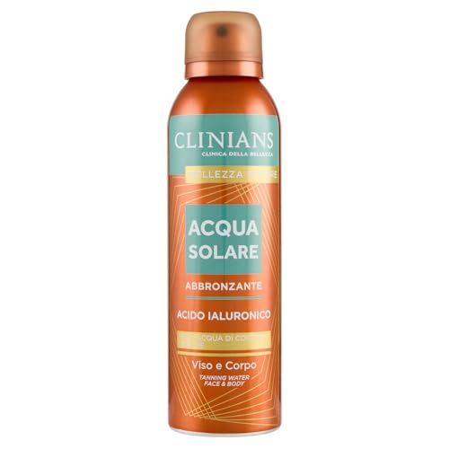 CLINIANS | Agua Solar Bronceadora Rostro y Cuerpo, con Ácido Hialurónico, Agua de Coco y Aloe, 150mL