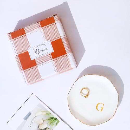 Image of Ceramic Jewelry Tray Initial Ring Dish Personalized G-Monogrammed Engagement Wedding Gifts, for Birthday Mother's Day Christmas for Women, Ceramic White 4.75 inch (G)