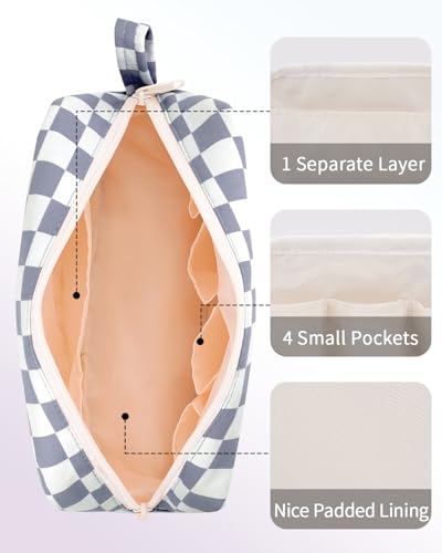 Image of Narwey Checkered Makeup Bag Travel Cosmetic Bag Organizer Small Toiletry Bag Make Up Bags with Organzied Pockets for Women (Grayish Blue Checkerboard, Large)